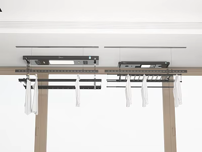 Ceiling Mounted Electric Clothes Drying Rack With White Clothes And Black Hanging Rods 3d model