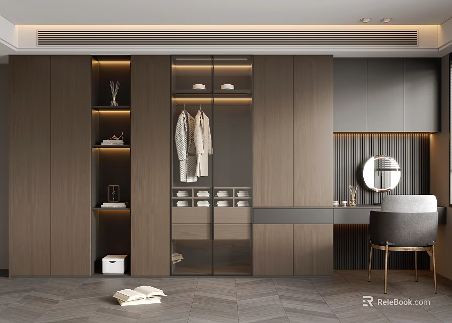 Modern Wooden Wardrobe With Glass Doors Hanging Clothes Open Shelves And Dressing Table Chair 3d model 