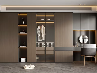 Modern Wooden Wardrobe With Glass Doors Hanging Clothes Open Shelves And Dressing Table Chair 3d model