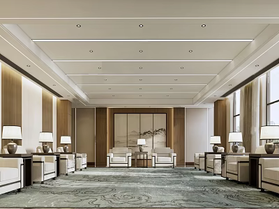 Large Conference Room Interior With Traditional Chinese Decor Carpet Lighting Sofas And Wall Painting 3d model
