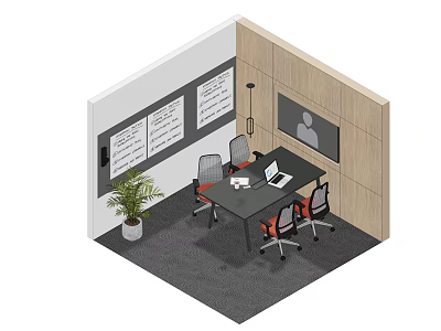 Modern Break Room With Table Chairs Whiteboards Potted Plant And Wall Screen 3d model