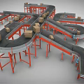 Industrial Conveyor Belt System With Multiple Belts Red Frames And Brown Boxes 3d model