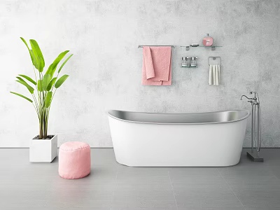 White Bathtub With Gray Wall Pink Towel Silver Towel Rack Green Plant And Pink Stool 3d model
