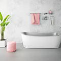 White Bathtub With Gray Wall Pink Towel Silver Towel Rack Green Plant And Pink Stool