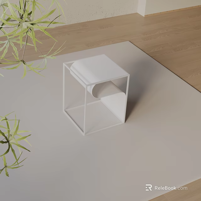 Modern White Side Table with Minimalist Frame and Green Plant Leaves on Carpet 3d model 