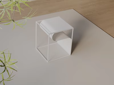 Modern White Side Table with Minimalist Frame and Green Plant Leaves on Carpet 3d model