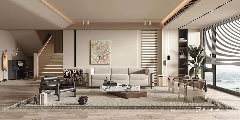 Modern Living Room Interior Design With Beige Sofa Artwork And Coffee Table 3d model