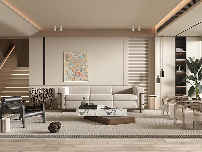 Modern Living Room Interior Design With Beige Sofa Artwork And Coffee Table 3d model