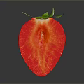 Fresh cut strawberry with red flesh and green leaves on dark reflective surface