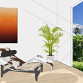 Modern Cow Print Chaise Lounge with Indoor Plant Abstract Painting and Scenic Window View