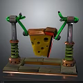 3D Model of Cheese Block Supported by Green Brackets Springs and Wooden Base