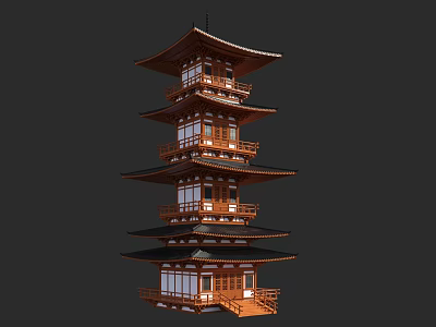 Traditional Ancient Pagoda Five Story Wooden Structure With Curved Eaves And Carved Windows 3d model