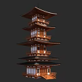 Traditional Ancient Pagoda Five Story Wooden Structure With Curved Eaves And Carved Windows