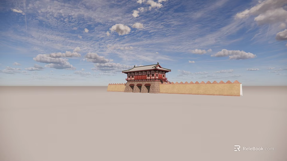 Ancient Chinese Traditional Red Watchtower With City Wall Classic Roof And Blue Sky 3d model 