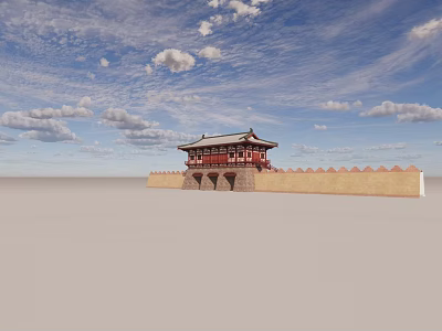Ancient Chinese Traditional Red Watchtower With City Wall Classic Roof And Blue Sky 3d model