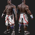 Muscular Male Character Design Front And Back Views With Mechanical Prosthetics And Red Accents