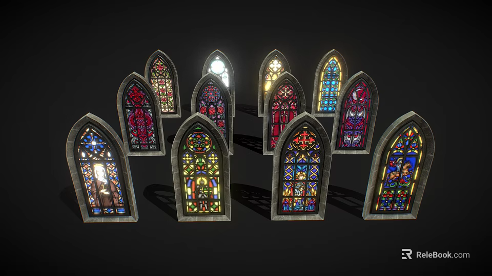 Vibrant Gothic Stained Glass Windows With Intricate Patterns And Colorful Designs 3d model 