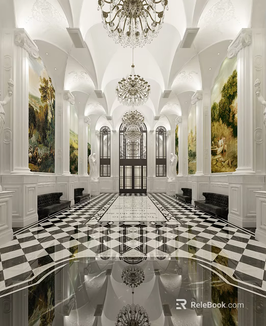 Elegant Classical Hotel Lobby With Grand Chandelier Murals Arched Doorways And Checkered Floor 3d model 