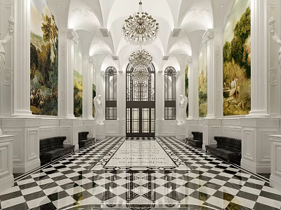 Elegant Classical Hotel Lobby With Grand Chandelier Murals Arched Doorways And Checkered Floor 3d model