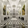 Elegant Classical Hotel Lobby With Grand Chandelier Murals Arched Doorways And Checkered Floor