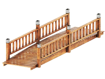 Small Wooden Outdoor Bridge With Railings And Lantern Lights On Walkway 3d model