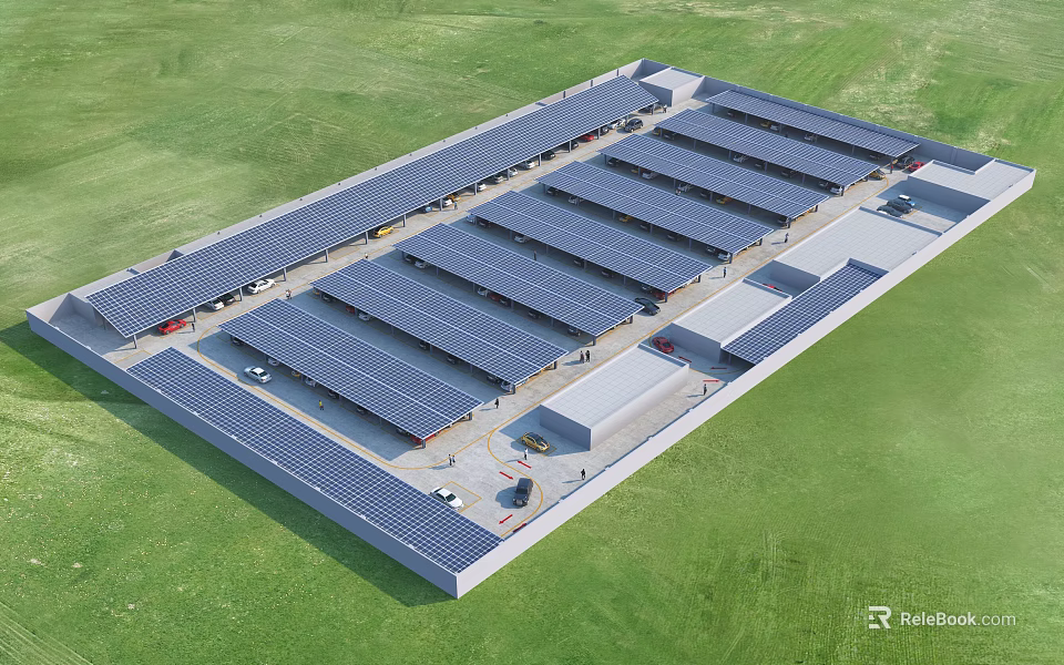 Solar Powered Parking Lot With Rooftop Solar Panels Surrounded by Green Grass 3d model 