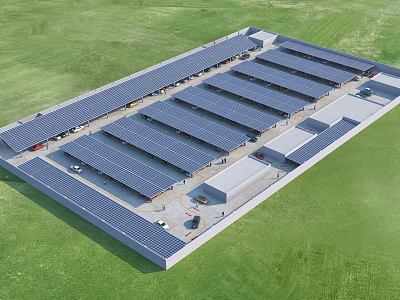 Solar Powered Parking Lot With Rooftop Solar Panels Surrounded by Green Grass 3d model