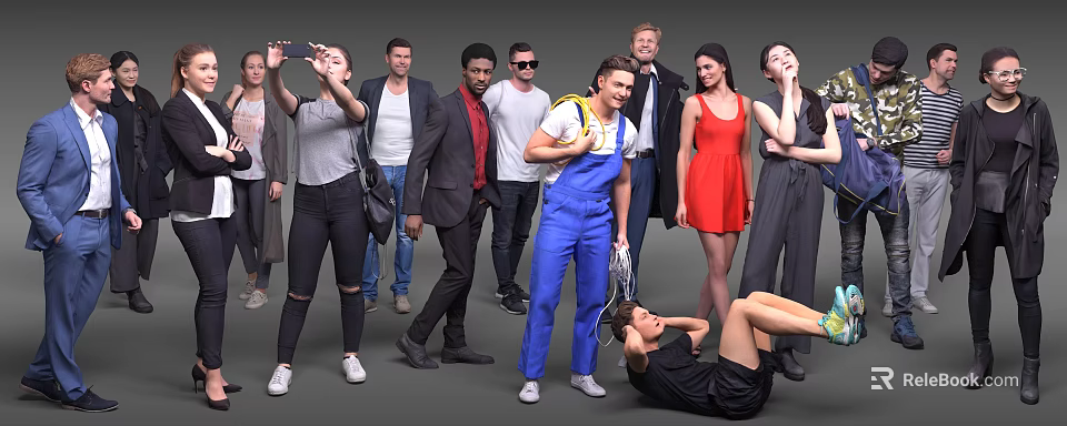 Group of Diverse People Posing in Various Positions With Different Outfits Against Gray Background 3d model 