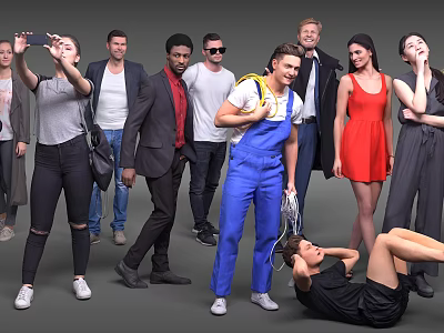 Group of Diverse People Posing in Various Positions With Different Outfits Against Gray Background 3d model
