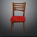Stylish Red Wooden Chair With Slat Back Design And Red Grid Pattern Seat