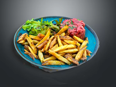 Crispy Golden Fries with Fresh Green Lettuce and Savory Red Tartare 3d model
