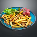 Crispy Golden Fries with Fresh Green Lettuce and Savory Red Tartare