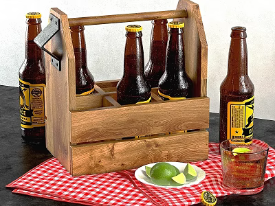 Wooden Beer Carrier With Bottles Lime Wedges And Glass On Checkered Cloth 3d model