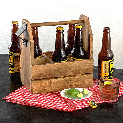 Wooden Beer Carrier With Bottles Lime Wedges And Glass On Checkered Cloth 3d model