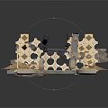 Geometric Scene Component With Diamond Panels Golden Framework Mechanical Elements And Stone Base
