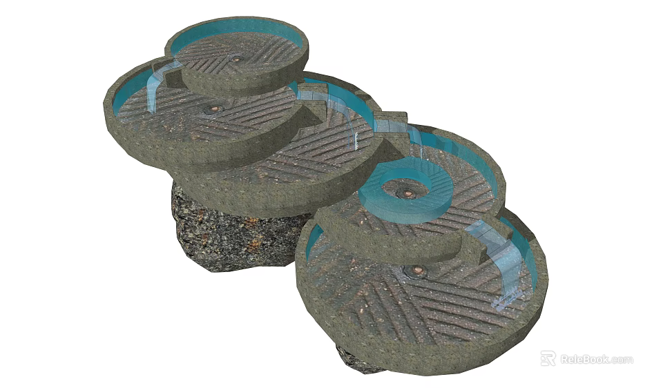Multi Tiered Circular Garden Ornament with Flowing Water Stone Texture and Pebble Base 3d model 