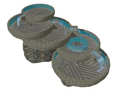 Multi Tiered Circular Garden Ornament with Flowing Water Stone Texture and Pebble Base 3d model