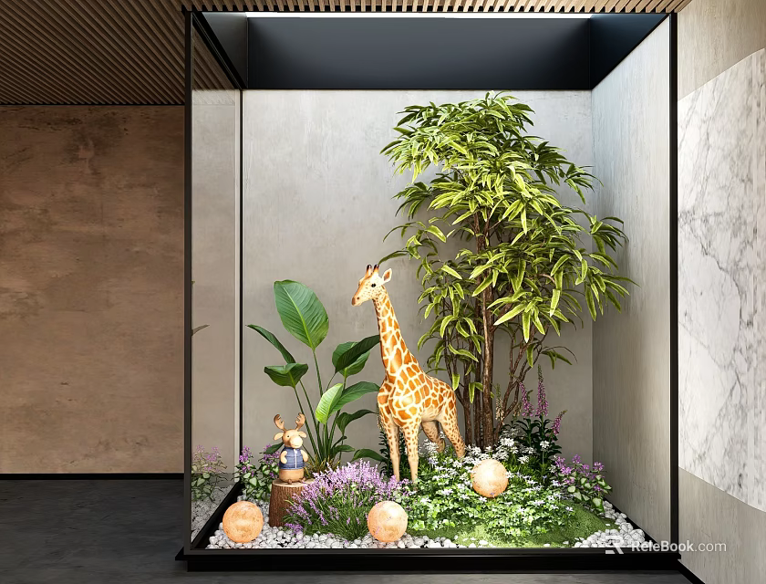 Indoor Courtyard Garden with Giraffe Model Green Plants Purple Flowers Pebbles and Lights 3d model 