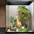 Indoor Courtyard Garden with Giraffe Model Green Plants Purple Flowers Pebbles and Lights
