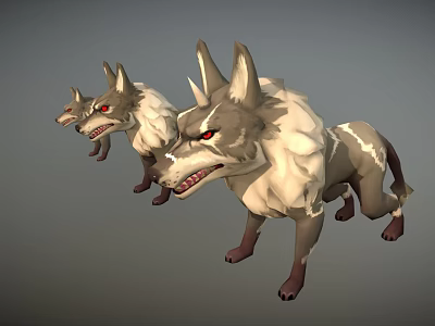Three Fierce Cartoon Wolf 3D Models With Red Eyes And Gray White Fur 3d model