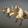 Three Fierce Cartoon Wolf 3D Models With Red Eyes And Gray White Fur