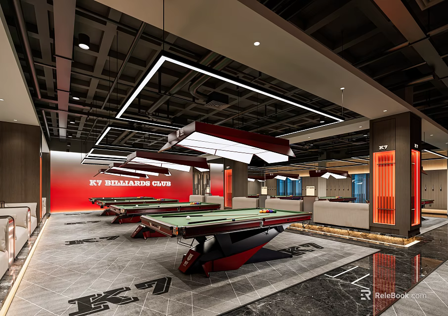 Modern Billiard Room Interior Design With Red Walls Pool Tables And Sofas 3d model 