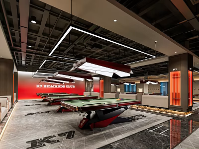 Modern Billiard Room Interior Design With Red Walls Pool Tables And Sofas 3d model