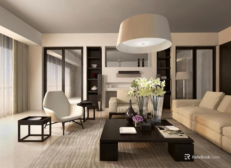 Modern Beige Sofa And Dark Wood Coffee Table Living Room With Flowers Magazines And Plants 3d model 