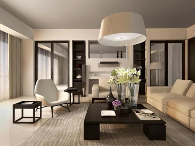 Modern Beige Sofa And Dark Wood Coffee Table Living Room With Flowers Magazines And Plants 3d model