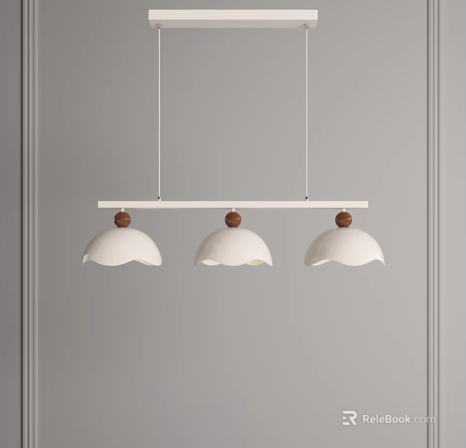 Three White Pendant Lights With Brown Wooden Accents Hanging Against Gray Wall 3d model 