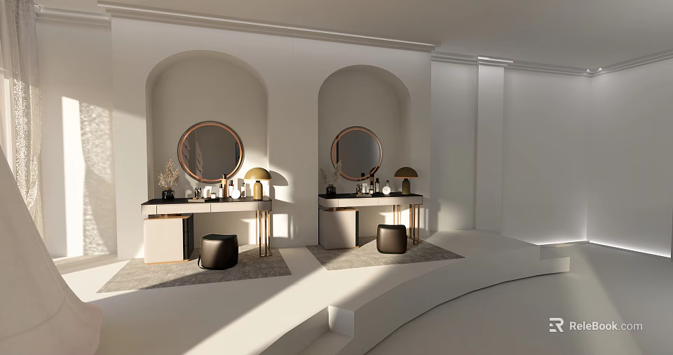 Modern White Dressing Tables With Round Mirrors Table Lamps And Stools In Bright Room 3d model 