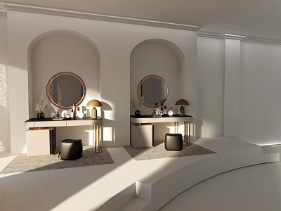 Modern White Dressing Tables With Round Mirrors Table Lamps And Stools In Bright Room 3d model