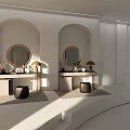 Modern White Dressing Tables With Round Mirrors Table Lamps And Stools In Bright Room