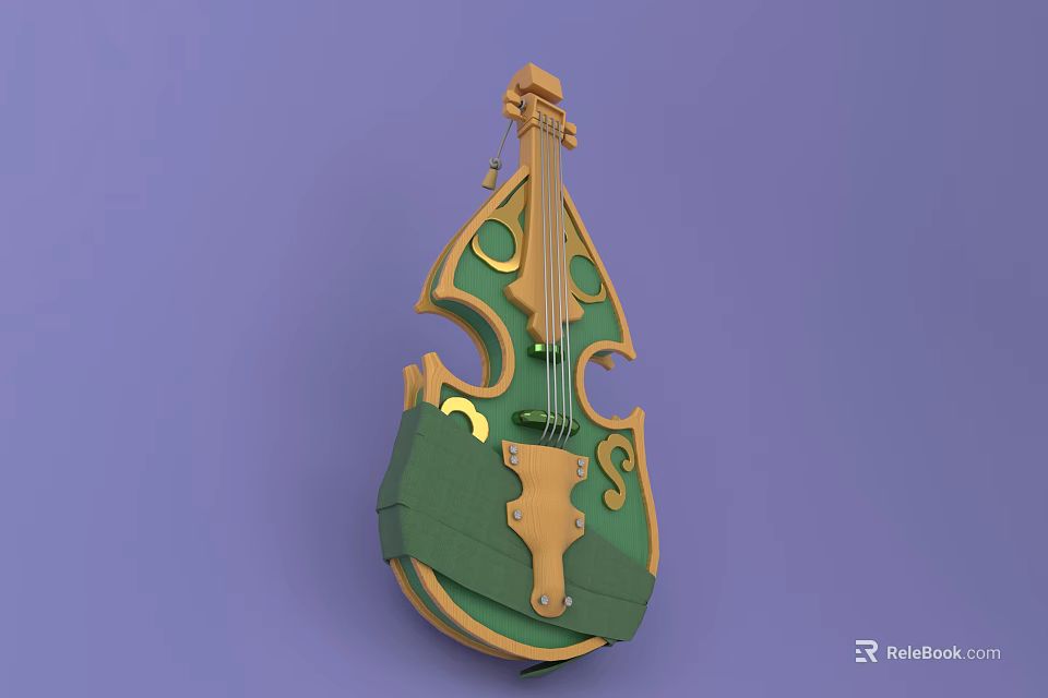 Creative Decorative Violin Musical Instrument with Green Art Supplies Elements and Yellow Patterns 3d model 